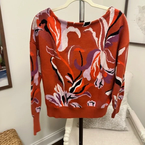 Anthropologie Maeve Boat Neck Burnt Orange and Purple Floral Sweater - Picture 4 of 6